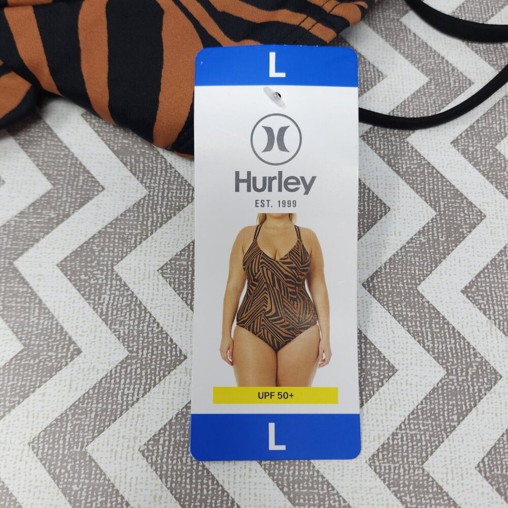 Hurley One Piece Swimsuit Brown Animal Print Size Large UPF 50 V-Neck With Bra - Picture 3 of 9